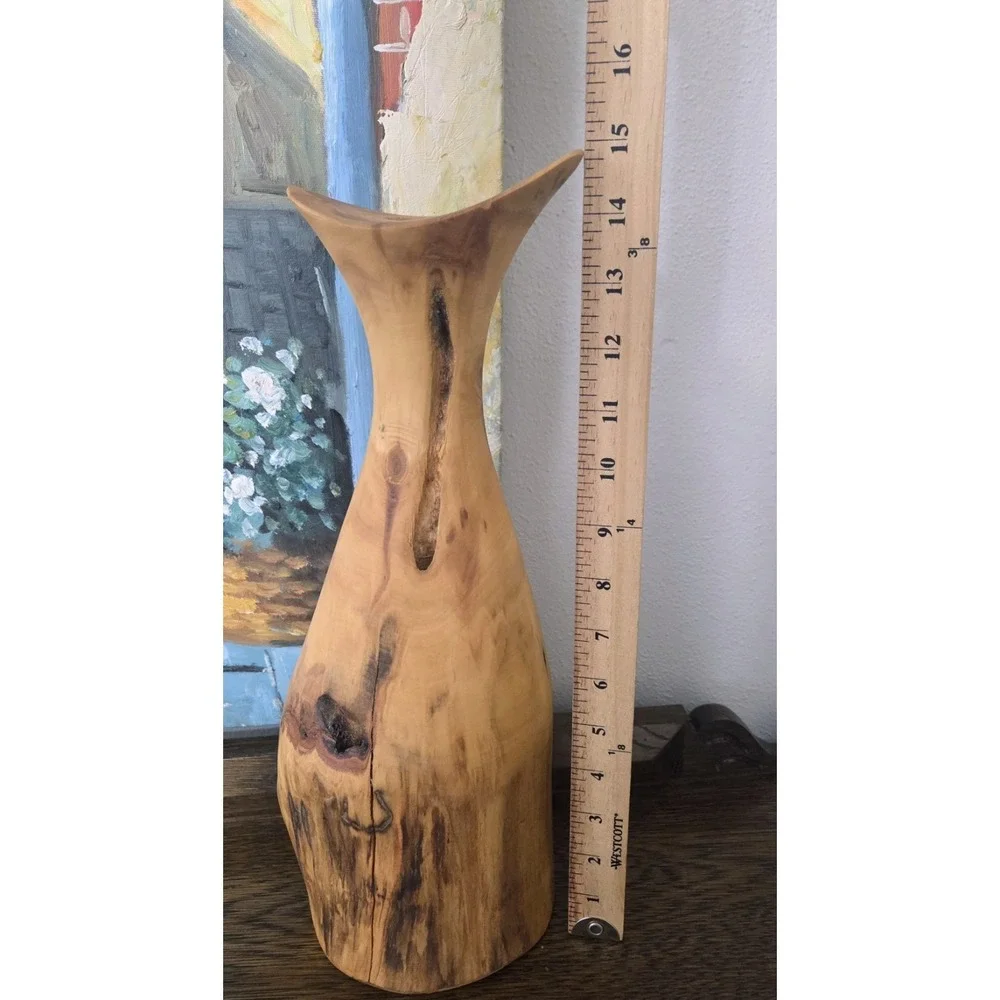 Turned Wooden Vase Rustic Knotty Asymmetrical Flared Rim Solid Piece of Wood 15